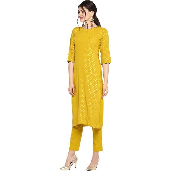 janasya Dresses & Skirts - Janasya Indian Women's Mustard Foil Print Jurta Kurti Tunic Dress Small